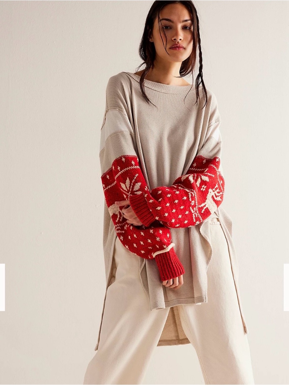 We the Free Oversized Cream Sweater with Red Fair Isle Sleeves